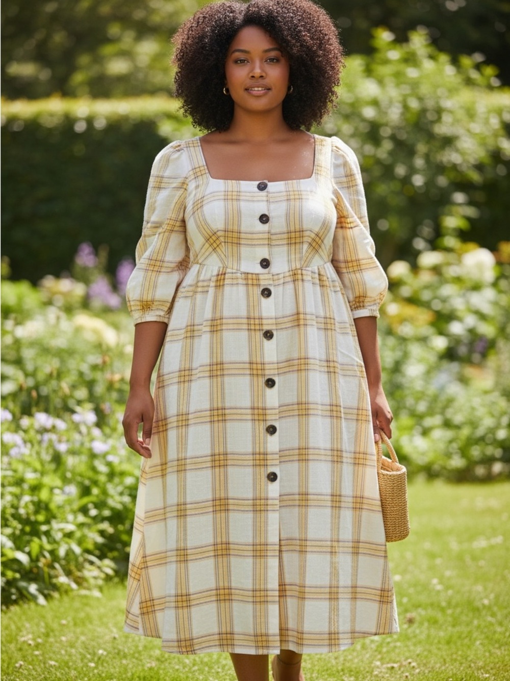 ASOS Dress Cottage Yellow Plaid Square-Neck Button-Front Midi Plus Sz 14